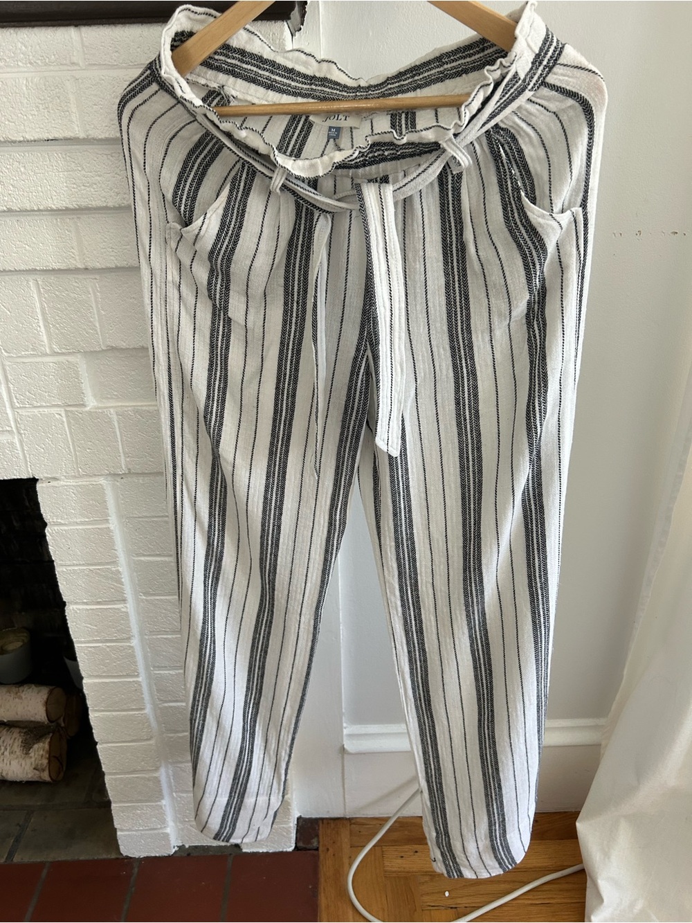 Jolt Linen Blend White and Black Stripe Elastic Waist Wide Leg Pants Size M